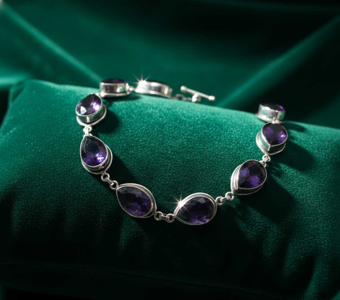 Handmade Amethyst Pear Bracelet Sterling Silver February Birthstone Purple Gemstone Jewelry Gift for Her