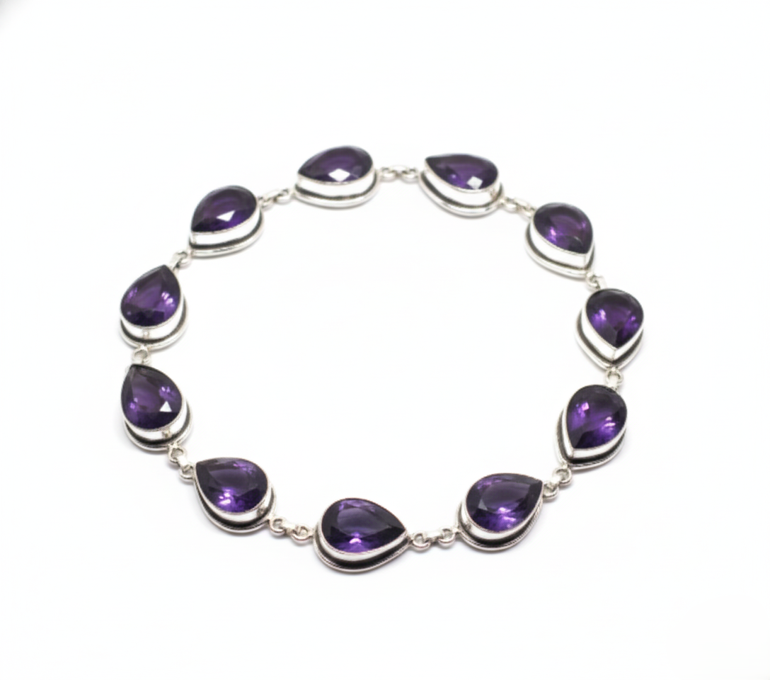Handmade Amethyst Pear Bracelet Sterling Silver February Birthstone Purple Gemstone Jewelry Gift for Her