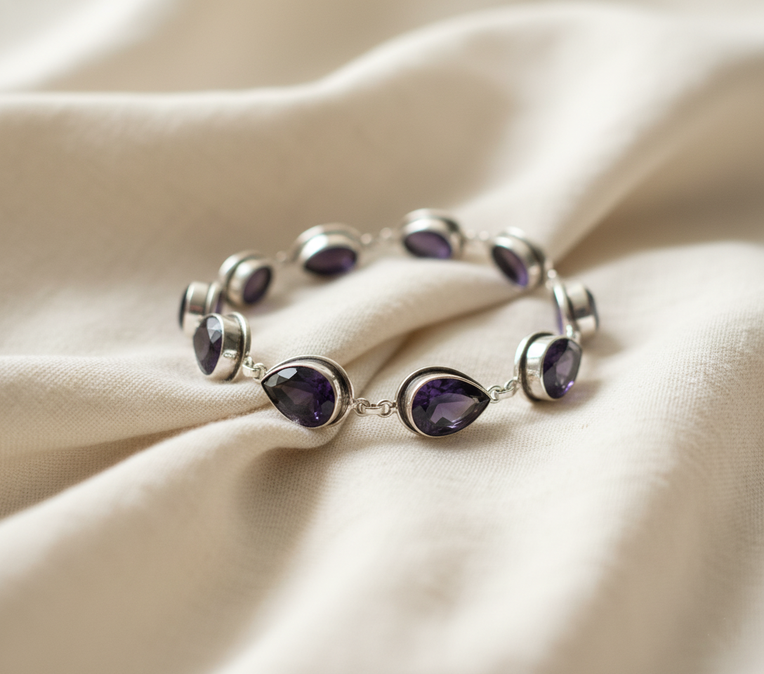 Handmade Amethyst Pear Bracelet Sterling Silver February Birthstone Purple Gemstone Jewelry Gift for Her