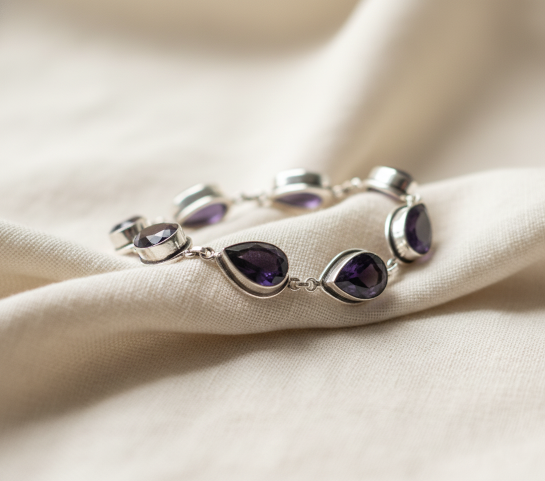Handmade Amethyst Pear Bracelet Sterling Silver February Birthstone Purple Gemstone Jewelry Gift for Her