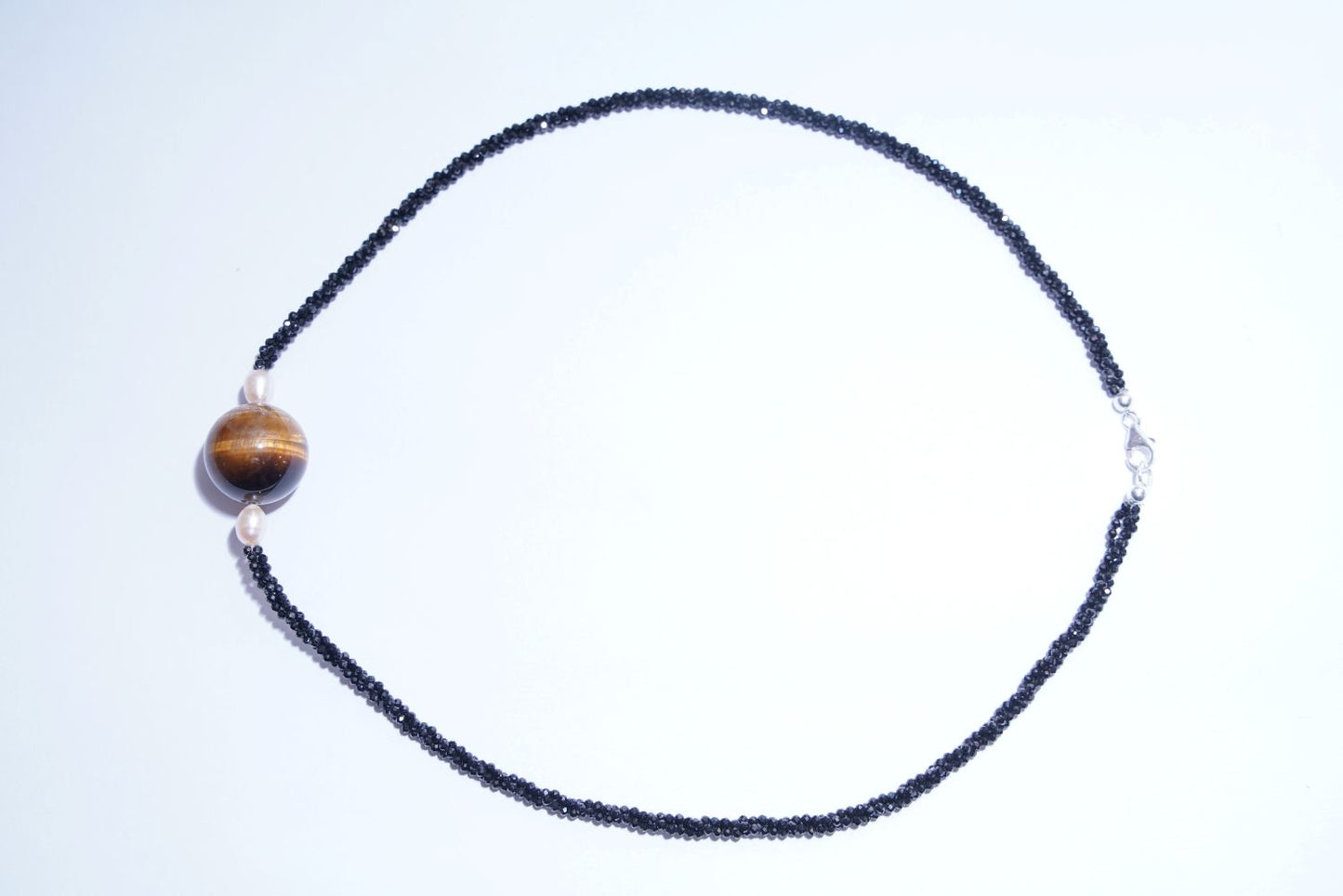 Black Spinel Tiger Eye Black Pearl Necklace 925 Sterling Silver Protection Boho