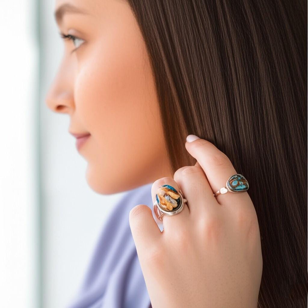 Natural Spiny Oyster and Turquoise Sterling Silver Ring- Unique Coastal Jewelry | Handmade Turquoise Ring, Oval Turquoise Ring, Gift for her