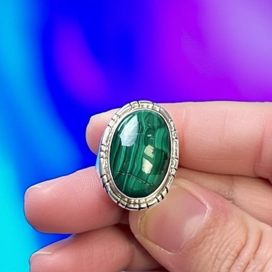 Handmade Malachite Ring | Sterling Silver Statement Ring | Oval Green Gemstone Jewelry | Boho Vintage-Inspired Ring | Gift for Her | Green