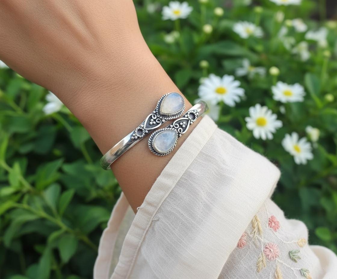 Handmade Silver Moonstone Bangle - Ornate Sterling Silver Cuff Bracelet | Bohemian Moonstone Teardrop Bangle - Artisanal Silver Gemstone