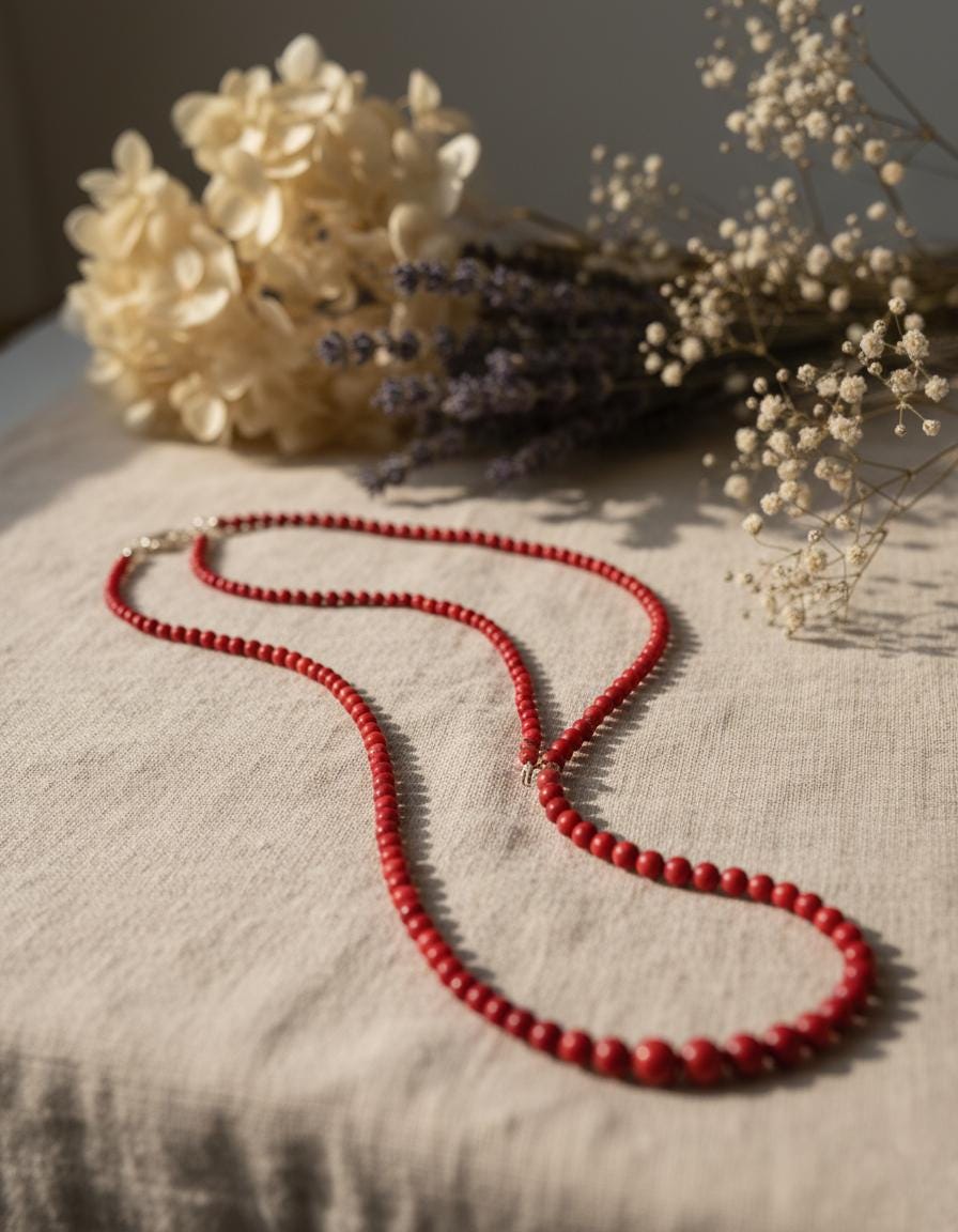 Natural Red Coral Necklace 20 Inch Genuine Beads | Boho Statement Coral Jewelry | Hand-Strung 925 Silver Clasp Summer Gift for Her