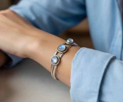 Triple Moonstone Sterling Silver Cuff Bracelet | Three Stone Oval Bangle | Vintage Style Gemstone Statement Jewelry | Christmas Gift | Gift