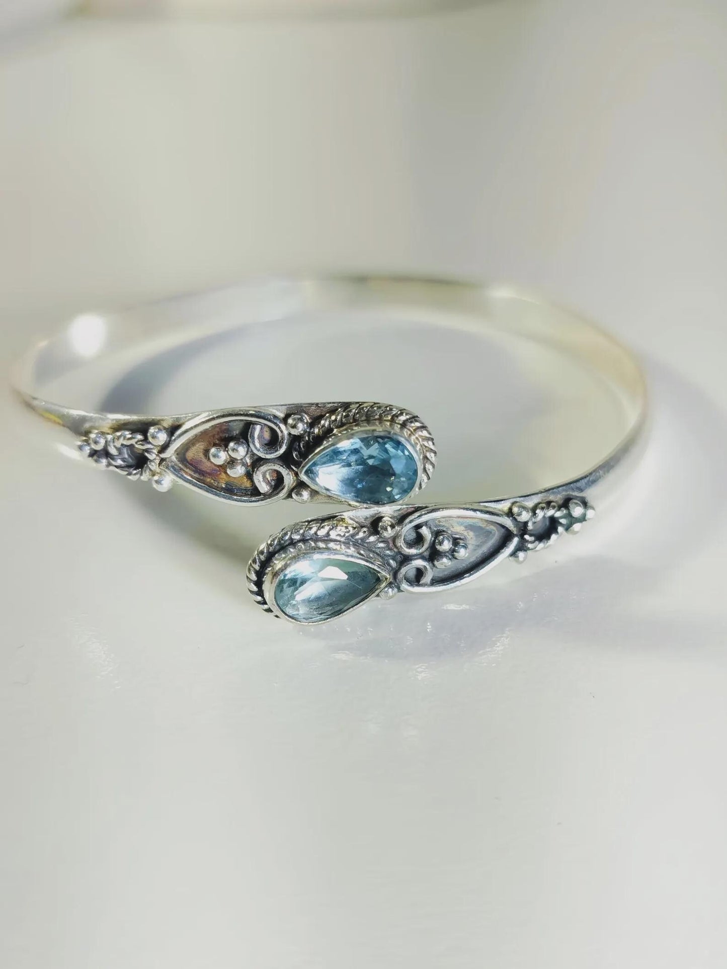 Larimar Sterling Silver Bangle | Handmade Adjustable Cuff Bracelet | Boho Vintage Jewelry for Women | Handmade Larimar Bangle | Gift her