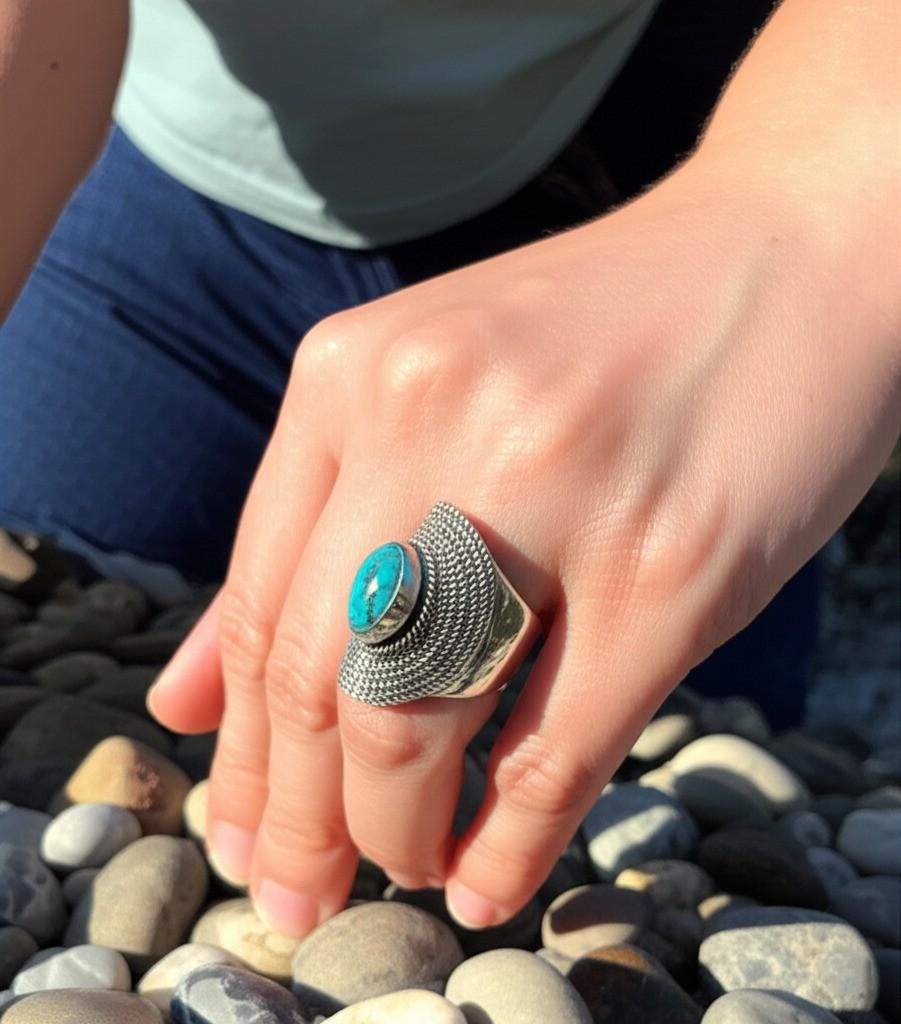 Statement Turquoise Ring | Sterling Silver Filigree Ring | Boho Chic Oval Ring | Bohemian Turquoise Ring | Artisan Silver Statement Ring