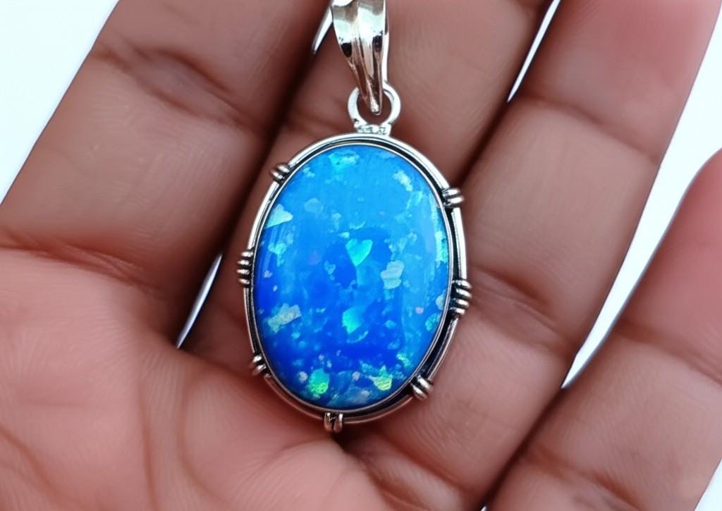 Mystic Blue Opal Pendant: Sterling Silver Bezel, Statement Necklace