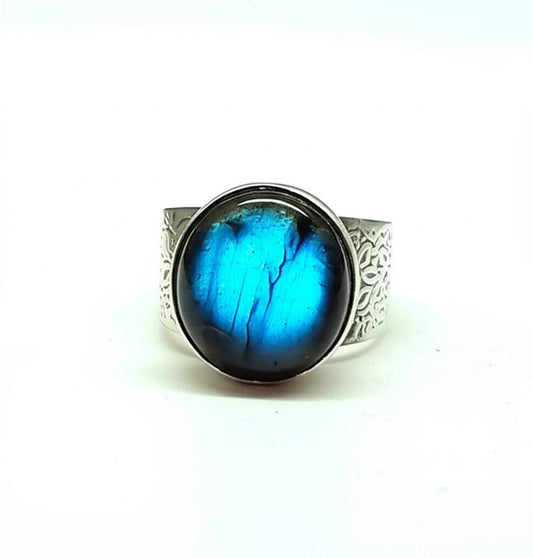 Blue Gemstone Ring | Sterling Silver Band with Engraved Pattern | Oval Cabochon Statement Ring | Handmade Artisan Jewelry | Gift for her