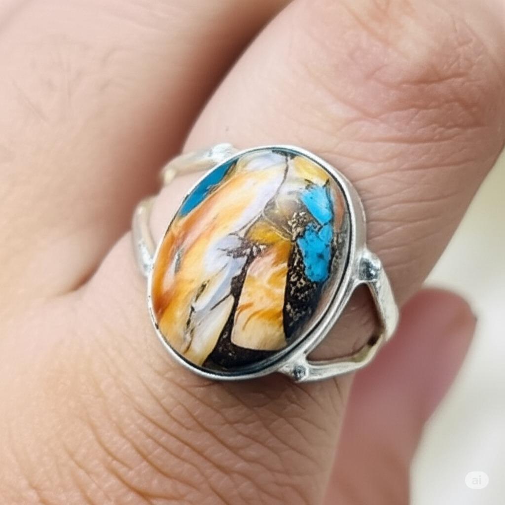 Natural Spiny Oyster and Turquoise Sterling Silver Ring- Unique Coastal Jewelry | Handmade Turquoise Ring, Oval Turquoise Ring, Gift for her