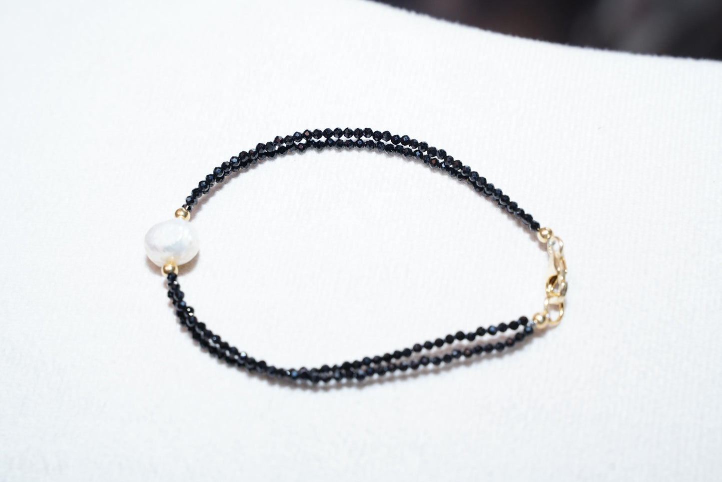 Black Spinel Bracelet, Elegant Gemstone Bracelet, Minimalist Pearl Bracelet, Luxury Jewelry Gift, Handmade Spinel bracelet, Dainty Bracelet