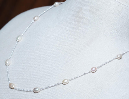 Delicate White Rice Pearl Necklace: Sterling Silver Chain, Minimalist Jewelry