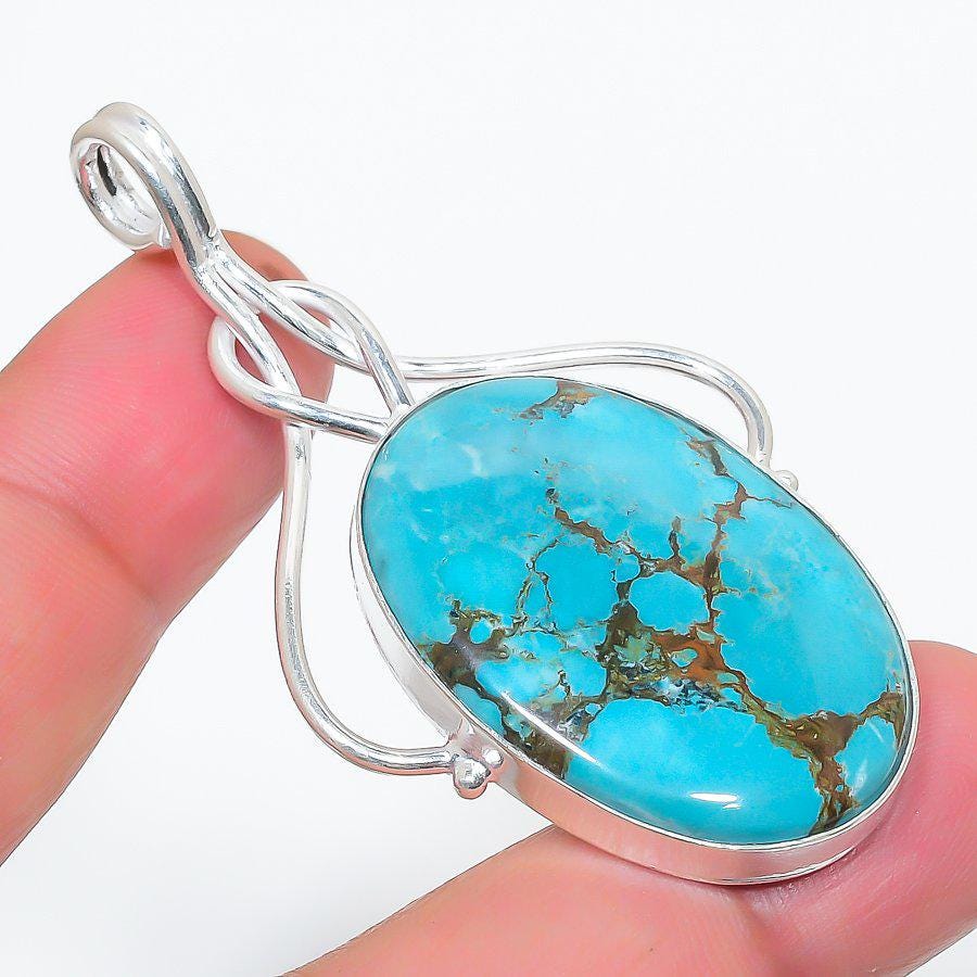 Emerald Matrix Pendant, Natural Turquoise  Silver Pendant, Vibrant Turquoise Statement Pendant, Unique Turquoise Cabochon Necklace, Gift her
