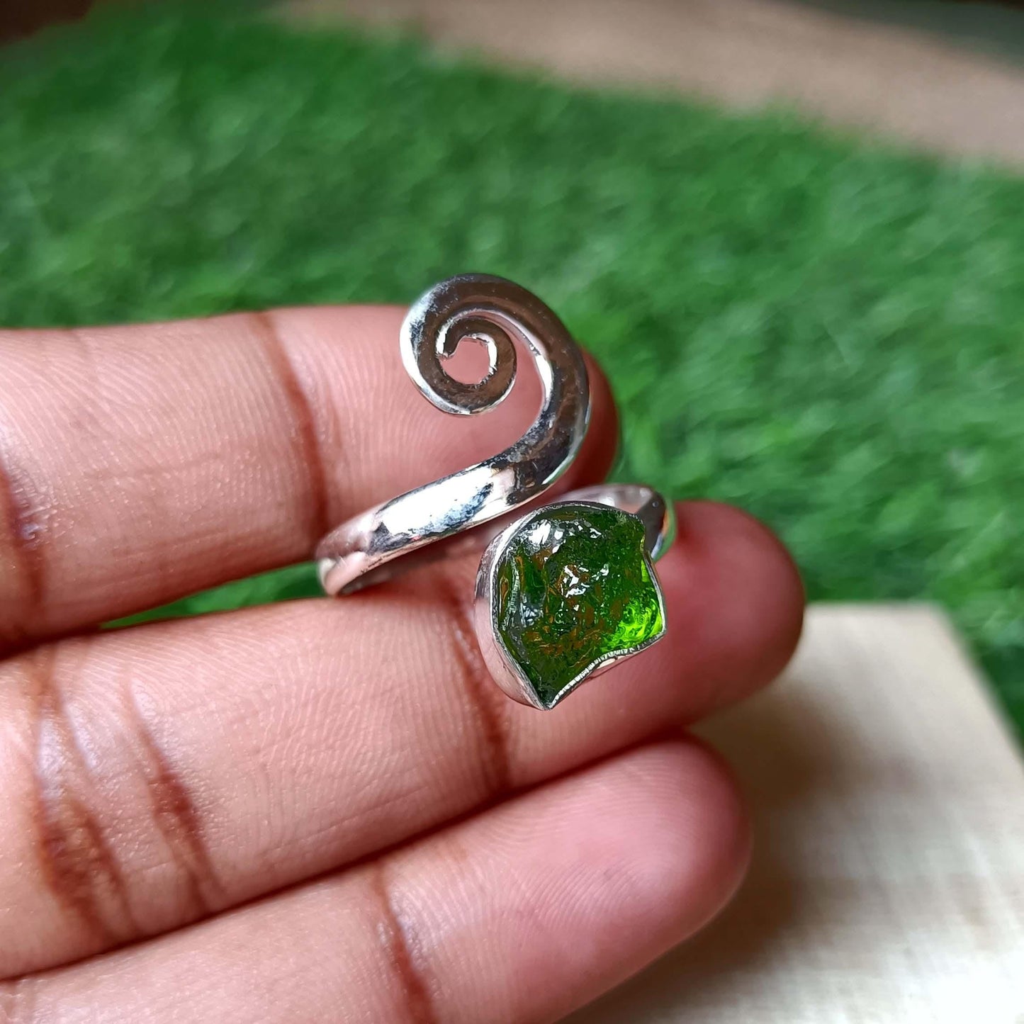 Moldavite Rough Ring, Natural Gemstone Ring,  925 Sterling Silver, Handmade Designer Jewelry, Gift, Stylish ring, Gift for her, Green stone