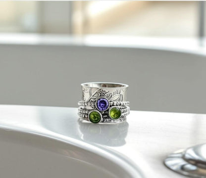 Sterling Silver Spinner Ring: Peridot, Amethyst, Botanical Band