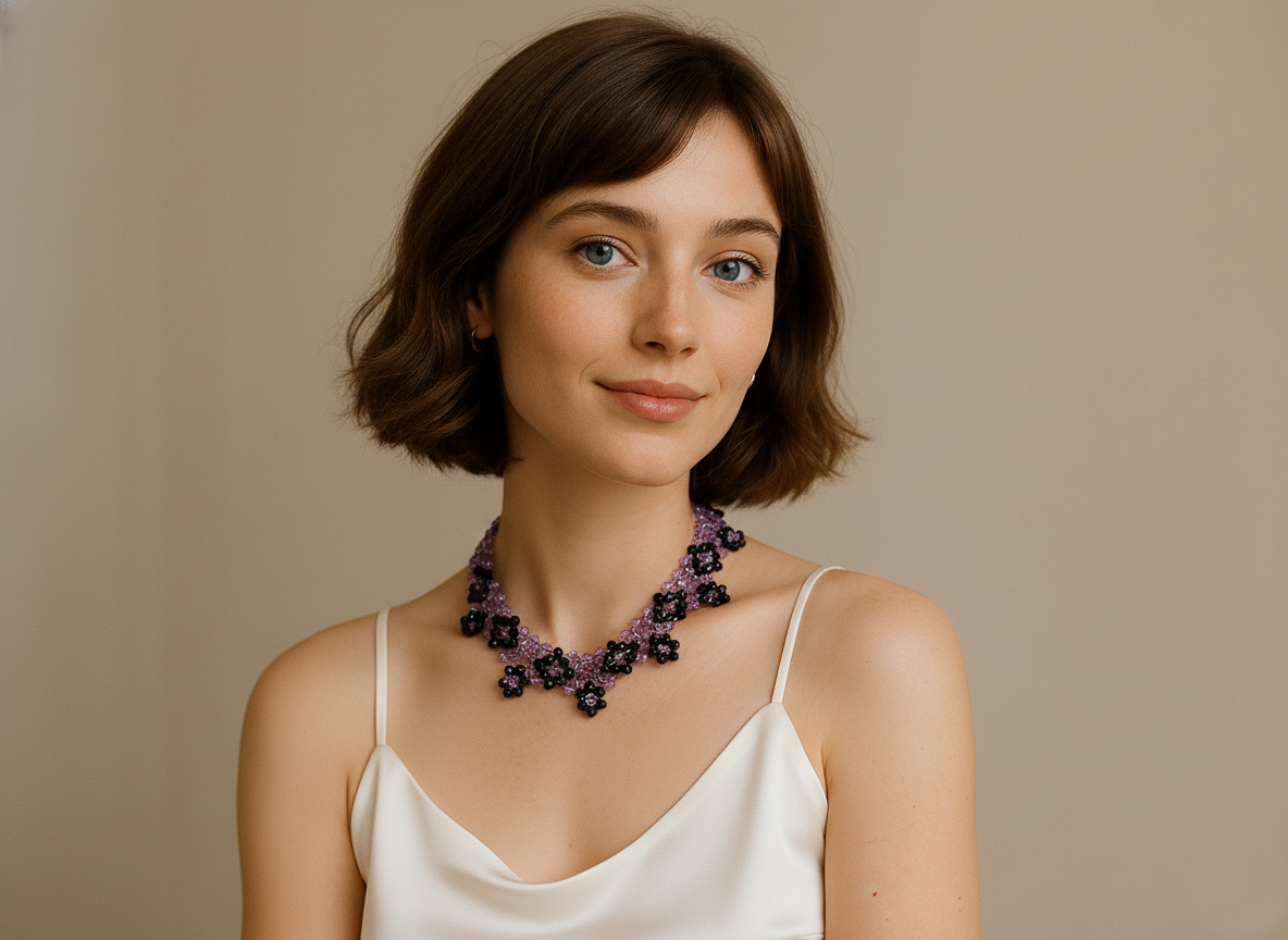 Purple Crystal Beaded Necklace, Black Floral Beads