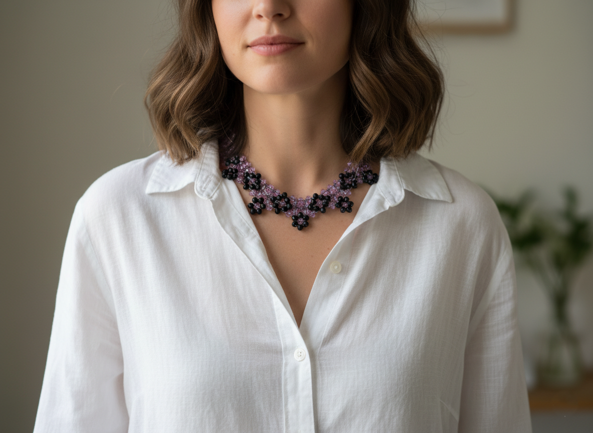 Purple Crystal Beaded Necklace, Black Floral Beads