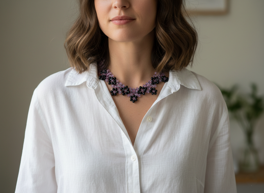 Purple Crystal Beaded Necklace, Black Floral Beads