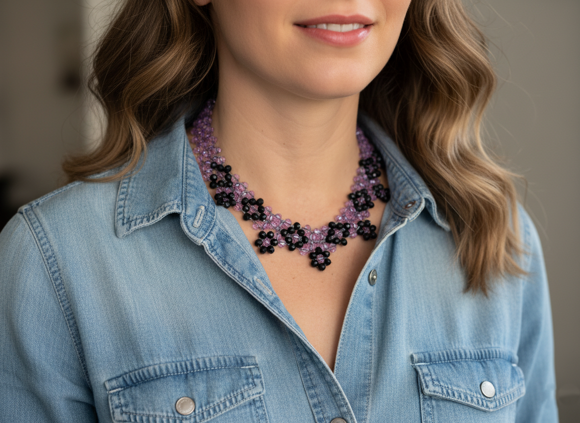 Purple Crystal Beaded Necklace, Black Floral Beads