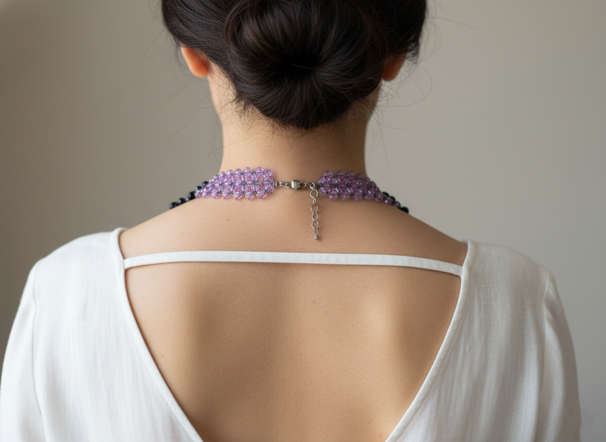 Purple Crystal Beaded Necklace, Black Floral Beads