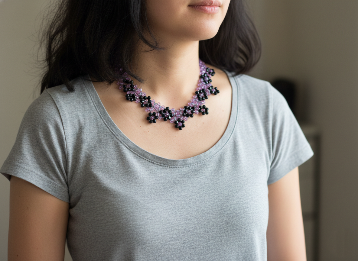Purple Crystal Beaded Necklace, Black Floral Beads
