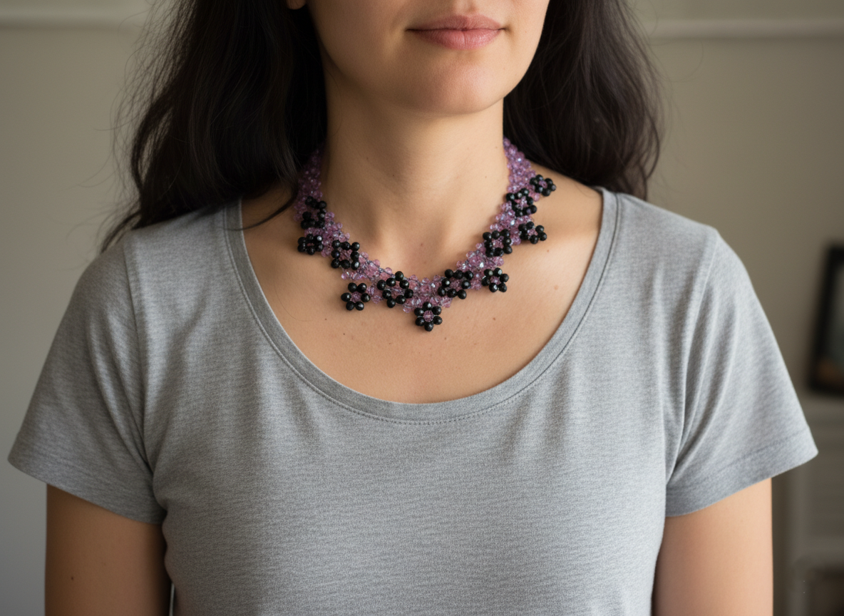 Purple Crystal Beaded Necklace, Black Floral Beads