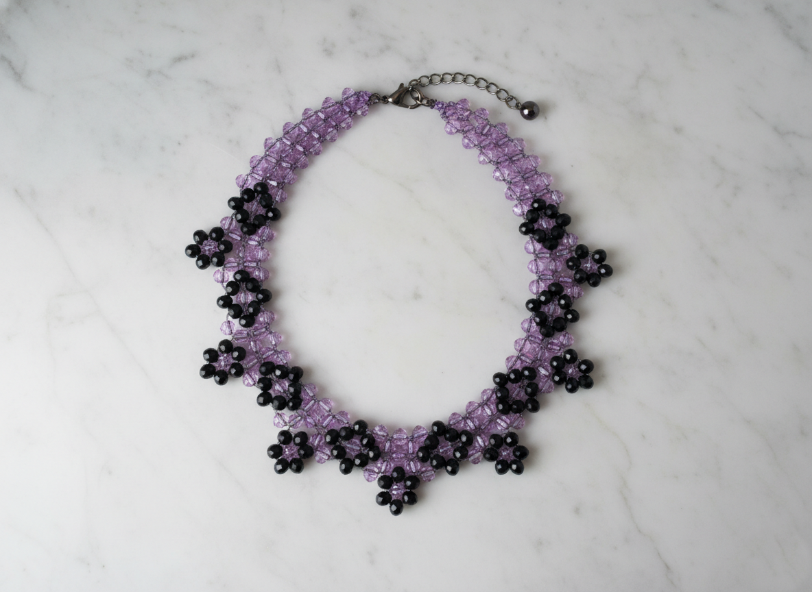 Purple Crystal Beaded Necklace, Black Floral Beads