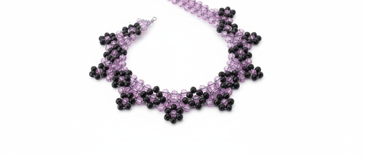 Purple Crystal Beaded Necklace, Black Floral Beads
