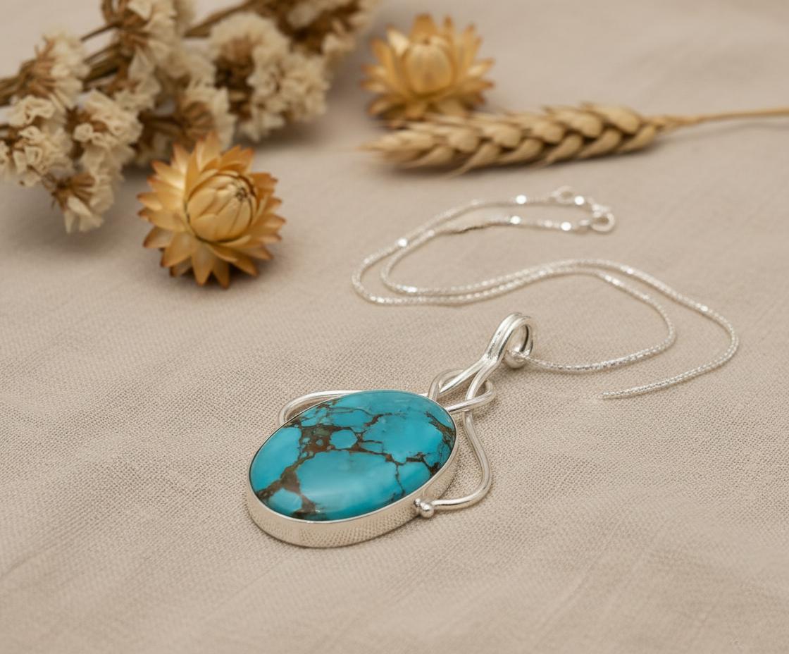 Turquoise Pendant in Sterling Silver | Handmade Gemstone Necklace | Natural Turquoise Jewelry | Boho Healing Pendant | Gift for Her