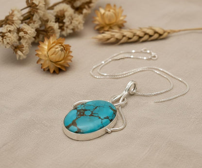 Turquoise Pendant in Sterling Silver | Handmade Gemstone Necklace | Natural Turquoise Jewelry | Boho Healing Pendant | Gift for Her
