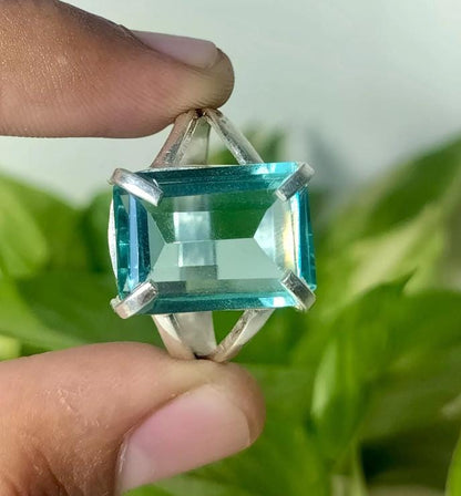 Aquamarine Ring, Emerald Cut Aquamarine, 925 Sterling Silver Ring, March Birthstone Jewelry, Statement Ring, Engagement Ring, Gift for mom