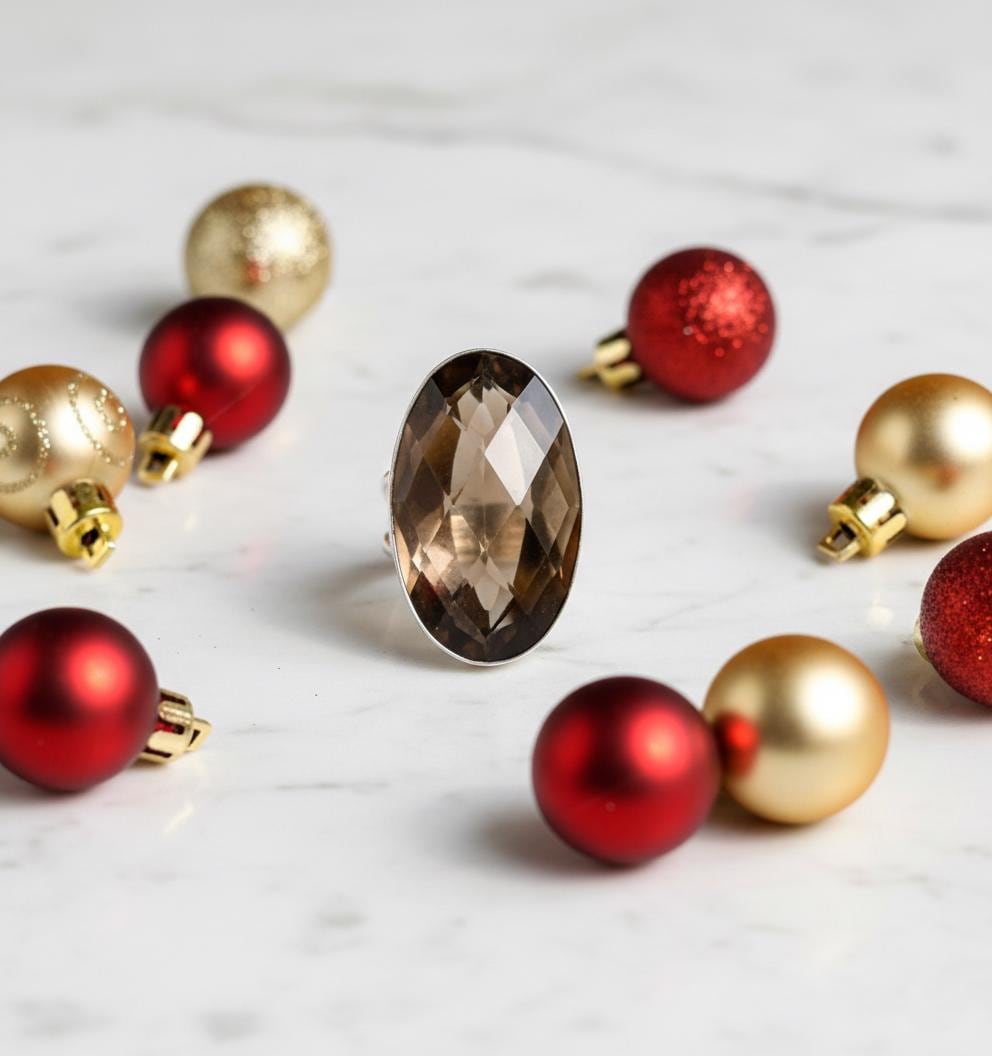 Smoky Quartz Ring 925 Silver Oval Faceted | Boho Healing Crystal Statement Ring| Spiritual Grounding Gift for Her| Handmade Holiday Gemstone