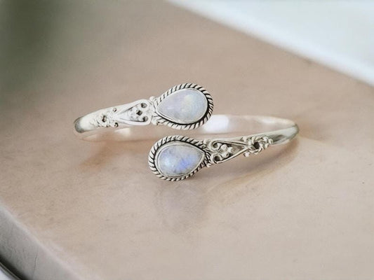 Handmade Silver Moonstone Bangle - Ornate Sterling Silver Cuff Bracelet | Bohemian Moonstone Teardrop Bangle - Artisanal Silver Gemstone