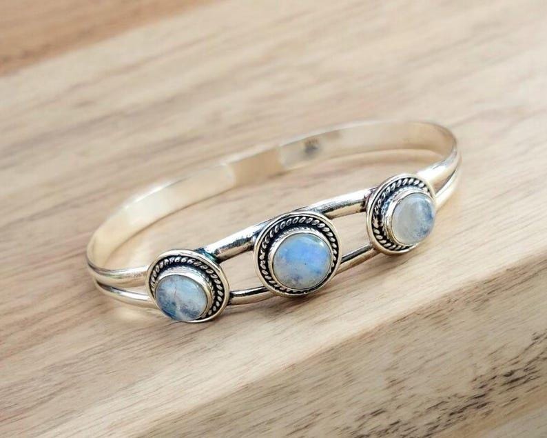 Triple Moonstone Sterling Silver Cuff Bracelet | Three Stone Oval Bangle | Vintage Style Gemstone Statement Jewelry | Christmas Gift | Gift