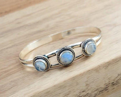 Triple Moonstone Sterling Silver Cuff Bracelet | Three Stone Oval Bangle | Vintage Style Gemstone Statement Jewelry | Christmas Gift | Gift