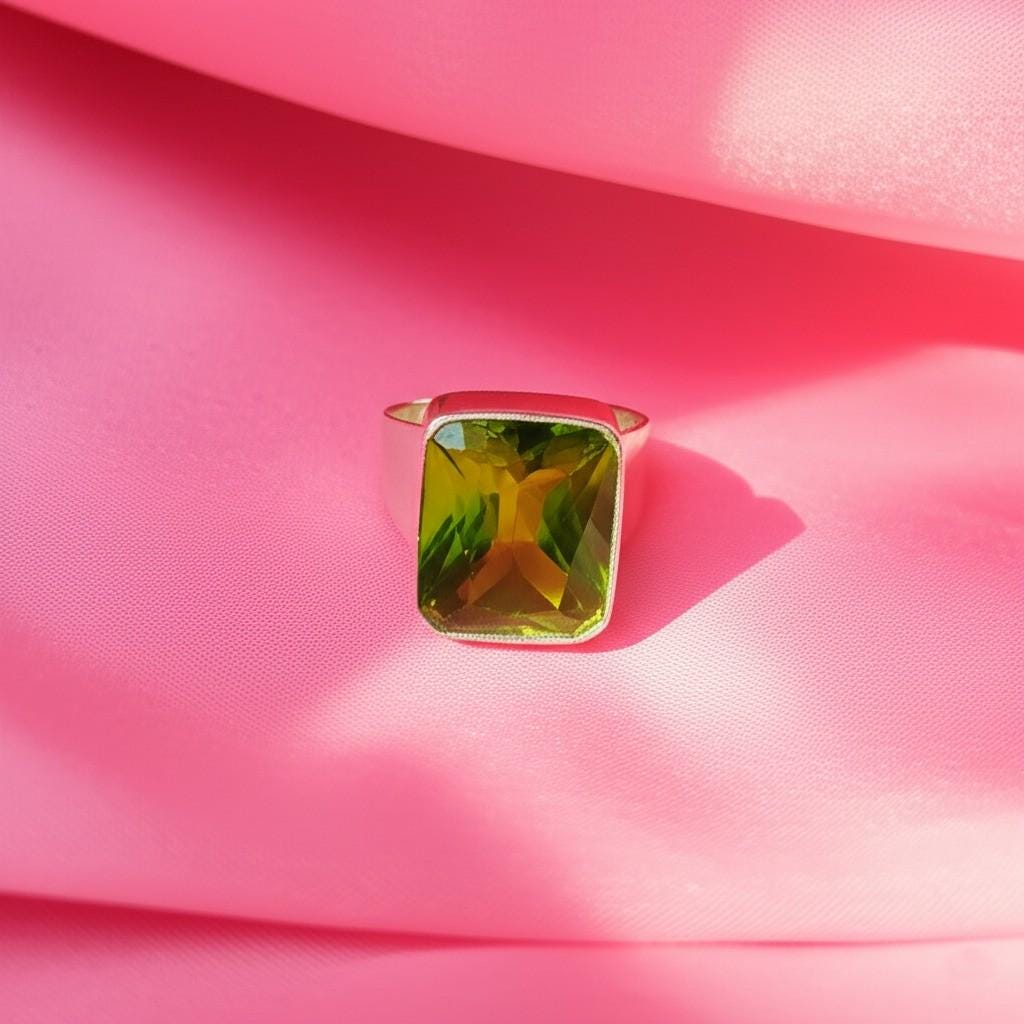 Men's Green Gemstone Ring | Rectangular Peridot Style Ring in Silver Band | Bold Statement Jewelry for Him | Modern Geometric Cut Ring |Gift