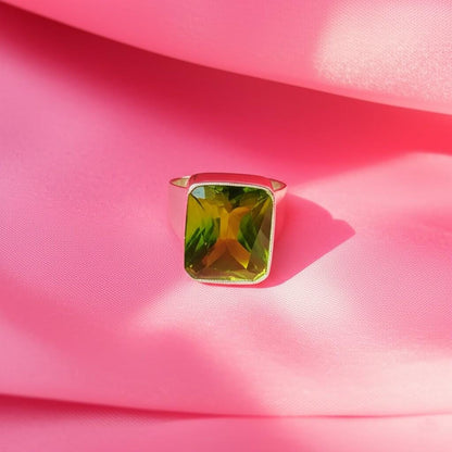 Men's Green Gemstone Ring | Rectangular Peridot Style Ring in Silver Band | Bold Statement Jewelry for Him | Modern Geometric Cut Ring |Gift