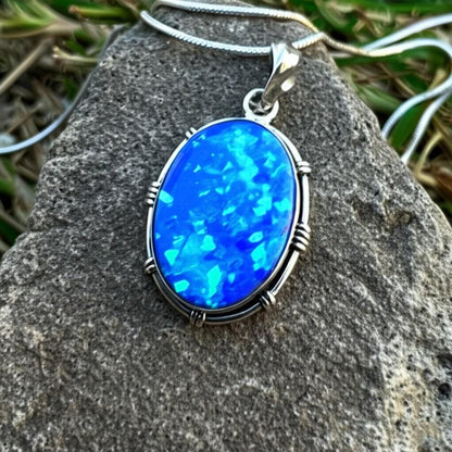 Mystic Blue Opal Pendant: Sterling Silver Bezel, Statement Necklace