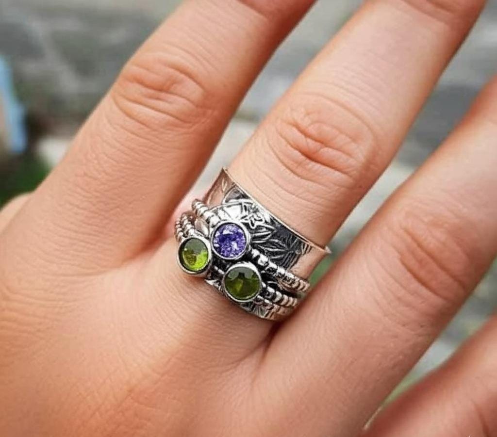 Sterling Silver Spinner Ring: Peridot, Amethyst, Botanical Band