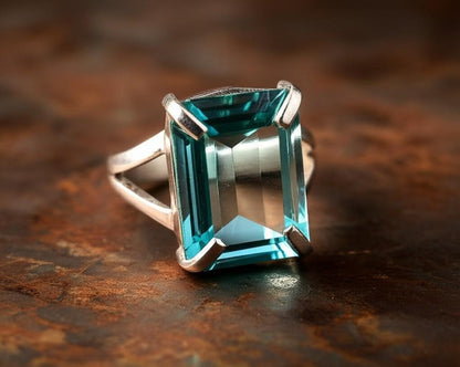 Aquamarine Ring, Emerald Cut Aquamarine, 925 Sterling Silver Ring, March Birthstone Jewelry, Statement Ring, Engagement Ring, Gift for mom
