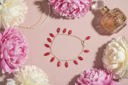 Red Coral Dangle Bracelet Gold Plated | Delicate Nugget Charm Chain | Mediterranean Minimalist Summer Jewelry | Ankle Bracelets Gift for her