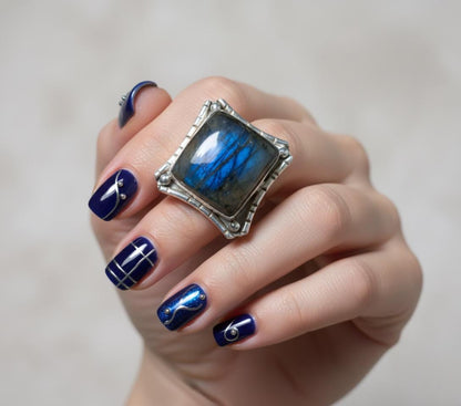 Labradorite Statement Ring | Rustic Sterling Silver Ring | Square Stone Viking Jewelry | Flashy Blue Fire Crystal Gift for Him/Her