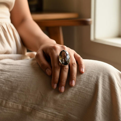 Smoky Quartz Ring 925 Silver Oval Faceted | Boho Healing Crystal Statement Ring| Spiritual Grounding Gift for Her| Handmade Holiday Gemstone