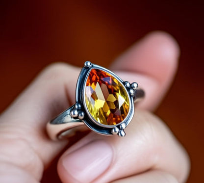 Delicate Citrine Ring in Sterling Silver - Handcrafted Gemstone Statement Ring