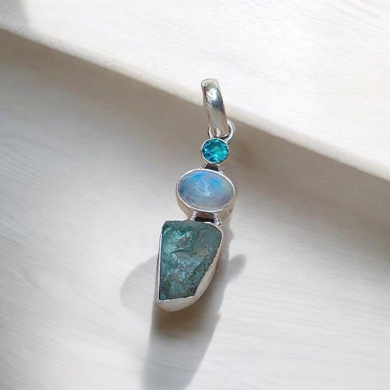 Raw Aquamarine & Moonstone And Blue Topaz Pendant, Sterling Silver Pendant, Boho Jewelry, Charm Pendant, Gift item, Multi stone pendant