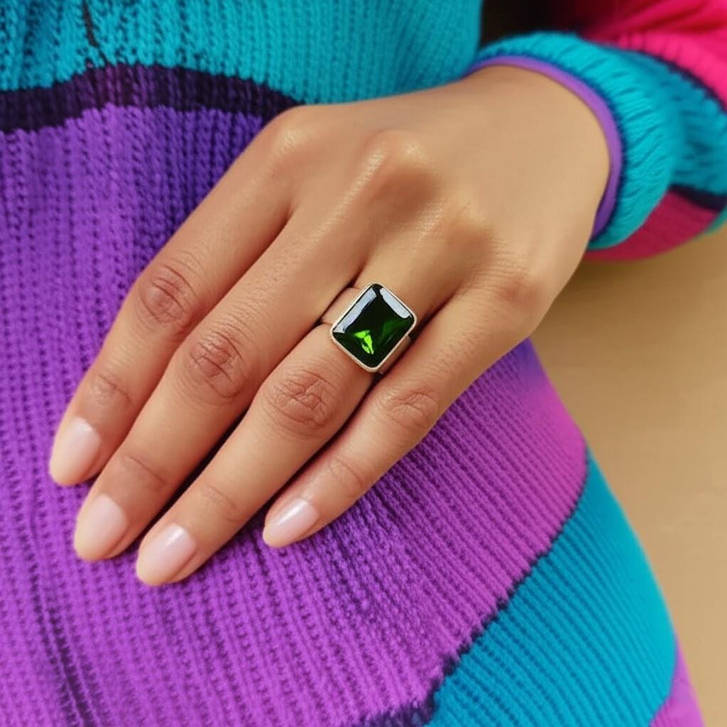 Men's Green Gemstone Ring | Rectangular Peridot Style Ring in Silver Band | Bold Statement Jewelry for Him | Modern Geometric Cut Ring |Gift