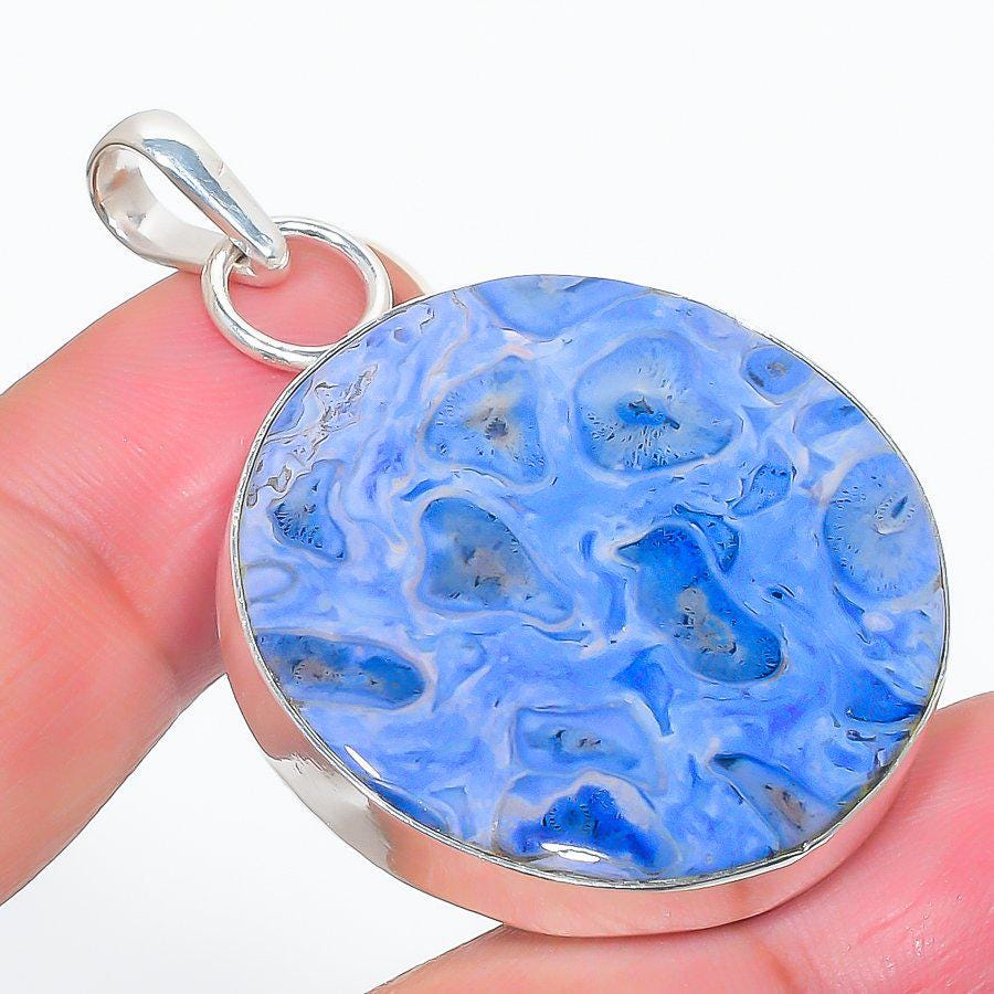 Blue and White Gemstone Square Pendant | Sterling Silver Cabochon Necklace, Handmade Design Pendent, Gift for her, Gemstone Pendent