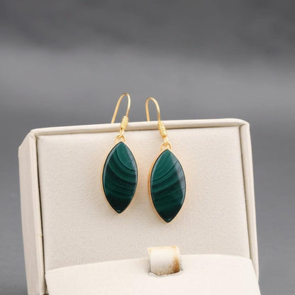 14K Gold Malachite Earrings: Elegant Green Gemstone Dangle