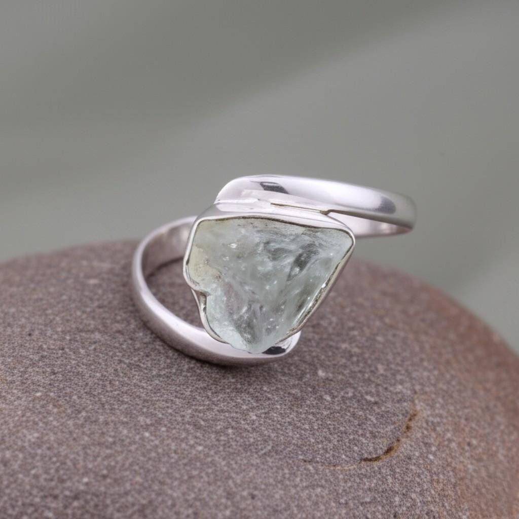 Raw Aquamarine Ring: Sterling Silver Rough Crystal Gemstone